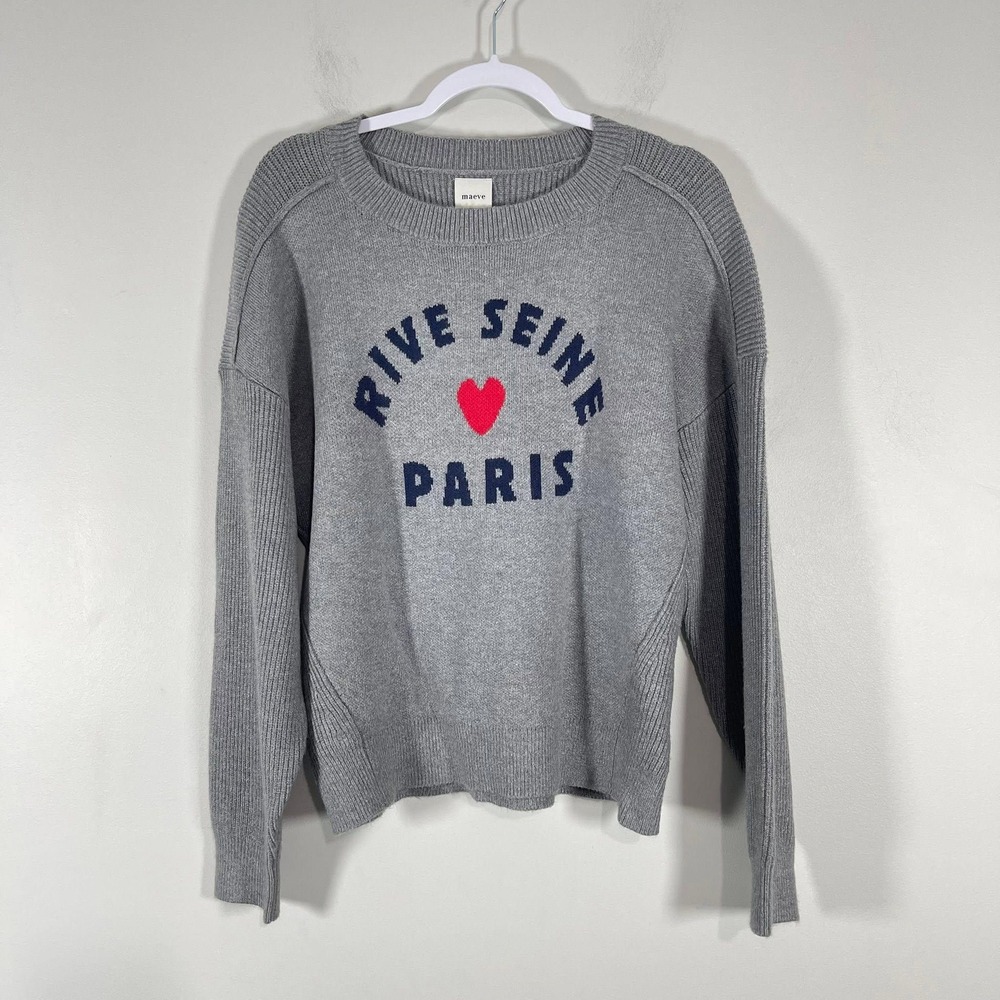 Maeve Rive Seine Paris Graphic Crew Neck Sweater Wms Small Gray Ribbed